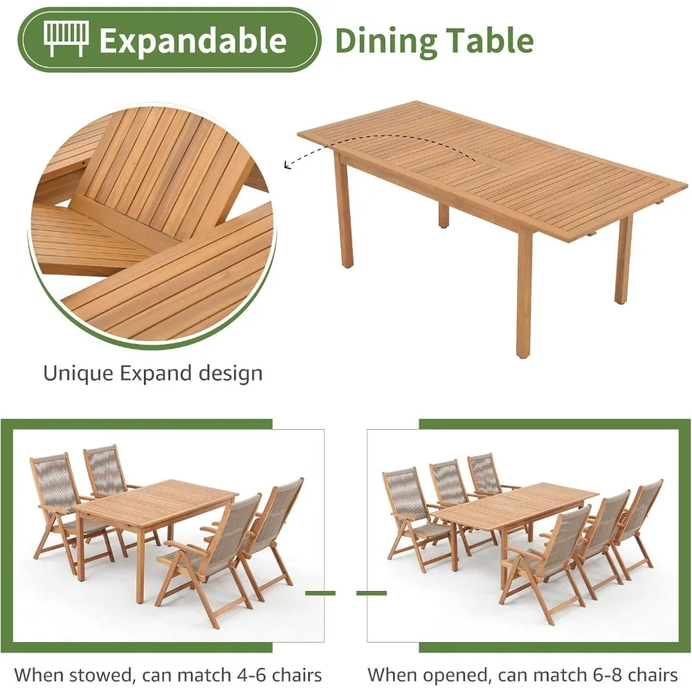 Casual Acacia 7-Piece Patio Dining Set- 6 Foldable Acacia Wooden and Rope Chairs and Large Table - Image 4