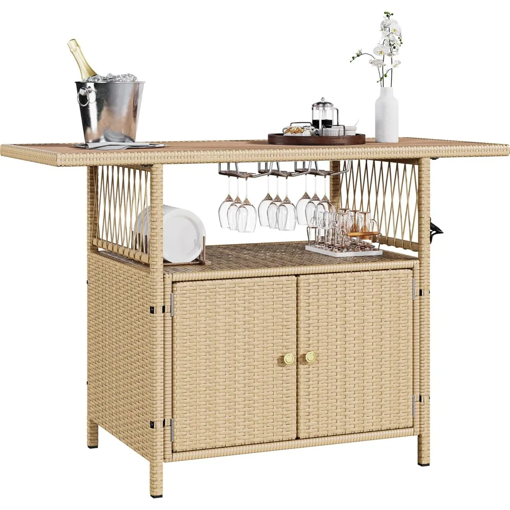 XL Outdoor Storage Cabinet- Patio Wicker Bar Table w/Plastic Wood Tabletop- Wine Glass Holders- Light Brown- High Quality - Image 6