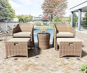 5-Pc Patio Conversation Set- PE Wicker Rattan Outdoor Lounge Chairs with Soft Cushions 2 Ottoman and Glass Table- Multiple styles and Colors - Image 9