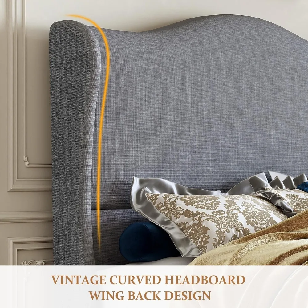 Full-Size Bed Frame- Upholstered Platform Bed- 51" Tall Wingback Headboard- Soft Fabric- 3 Colors - Image 4