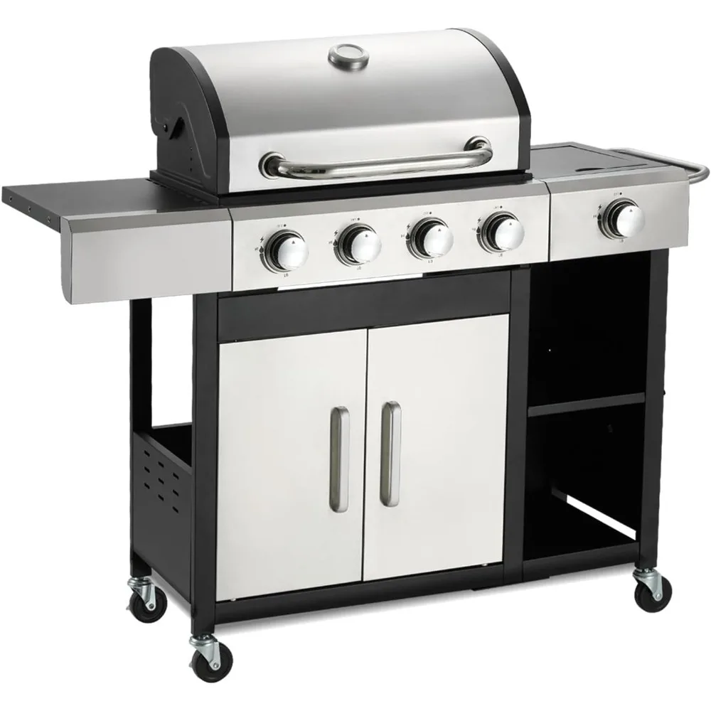 4-Burner Propane Gas Grill with Side Burner & Cabinet - 49,000 BTU- Stainless Steel BBQ Grill- Porcelain-Enameled Cast Iron Grate - Image 2