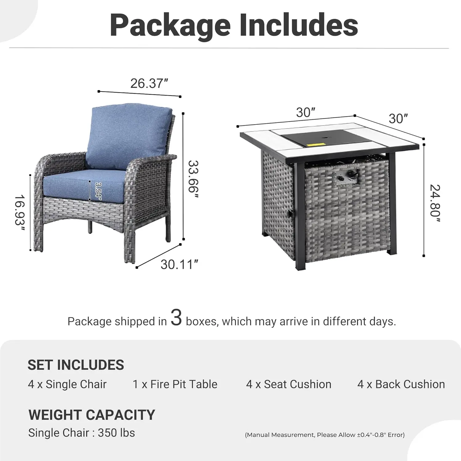 5-Piece- Patio Furniture Set with 30" Fire Pit Table- 4 All-Weather High Back Rattan Chairs (multiple color choices) - Image 4