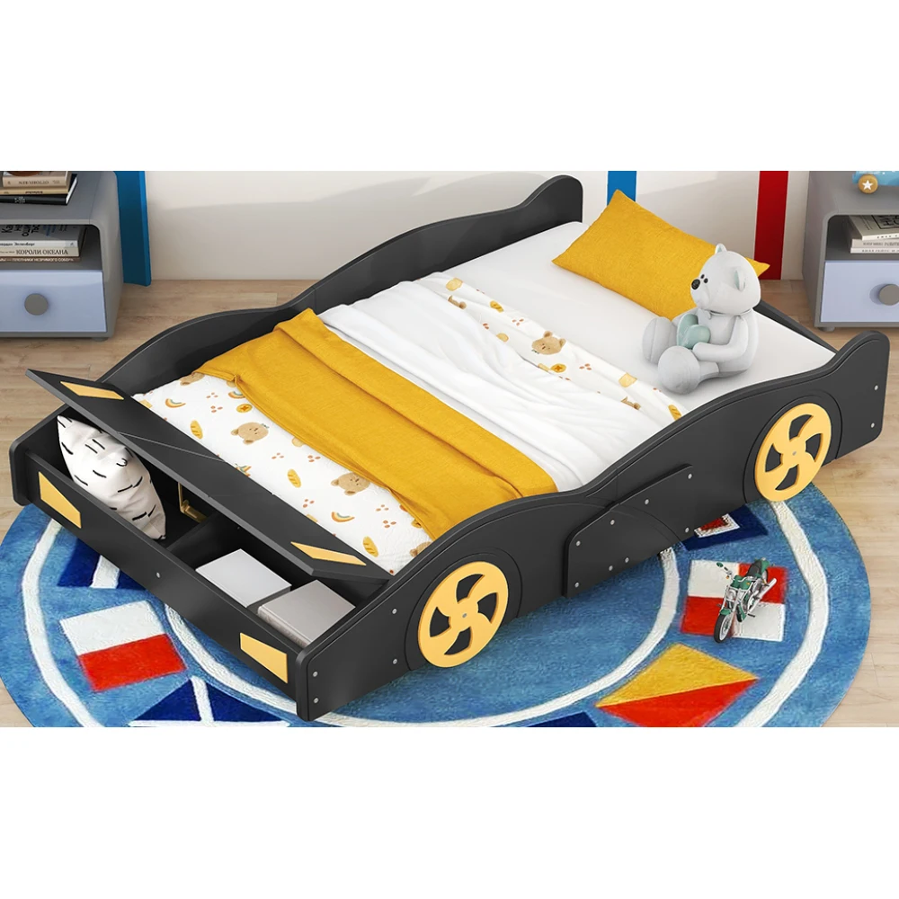Full-Size Race Car-Shaped Platform Bed with Wheels and Storage- Black+Yellow - Image 5