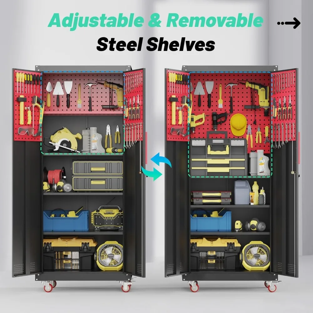 71" Metal Garage Storage Cabinet- Wheels- 5 Adjustable Shelves- Lockable - Image 4