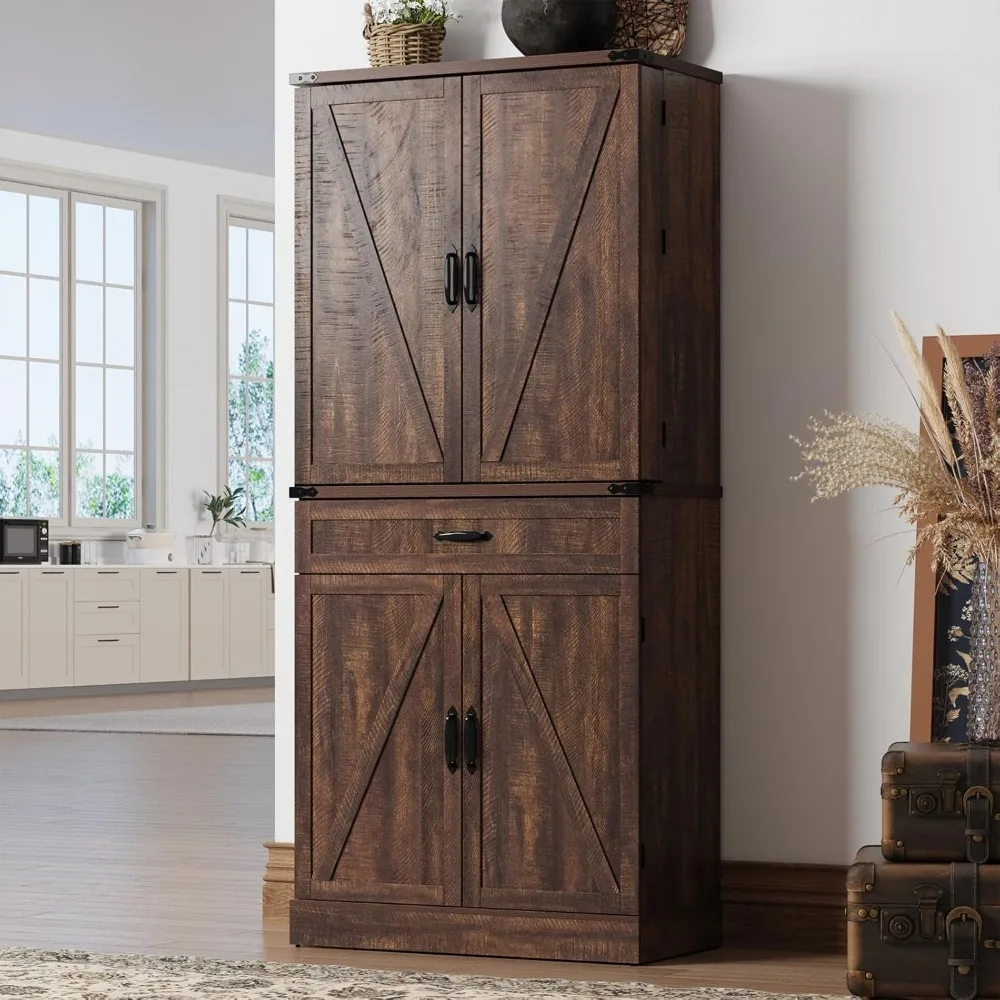 71"- Tall Kitchen Pantry/ Cabinet with 3 Drawers- Farmhouse Style with 6 Barn Door Shelves - Image 3