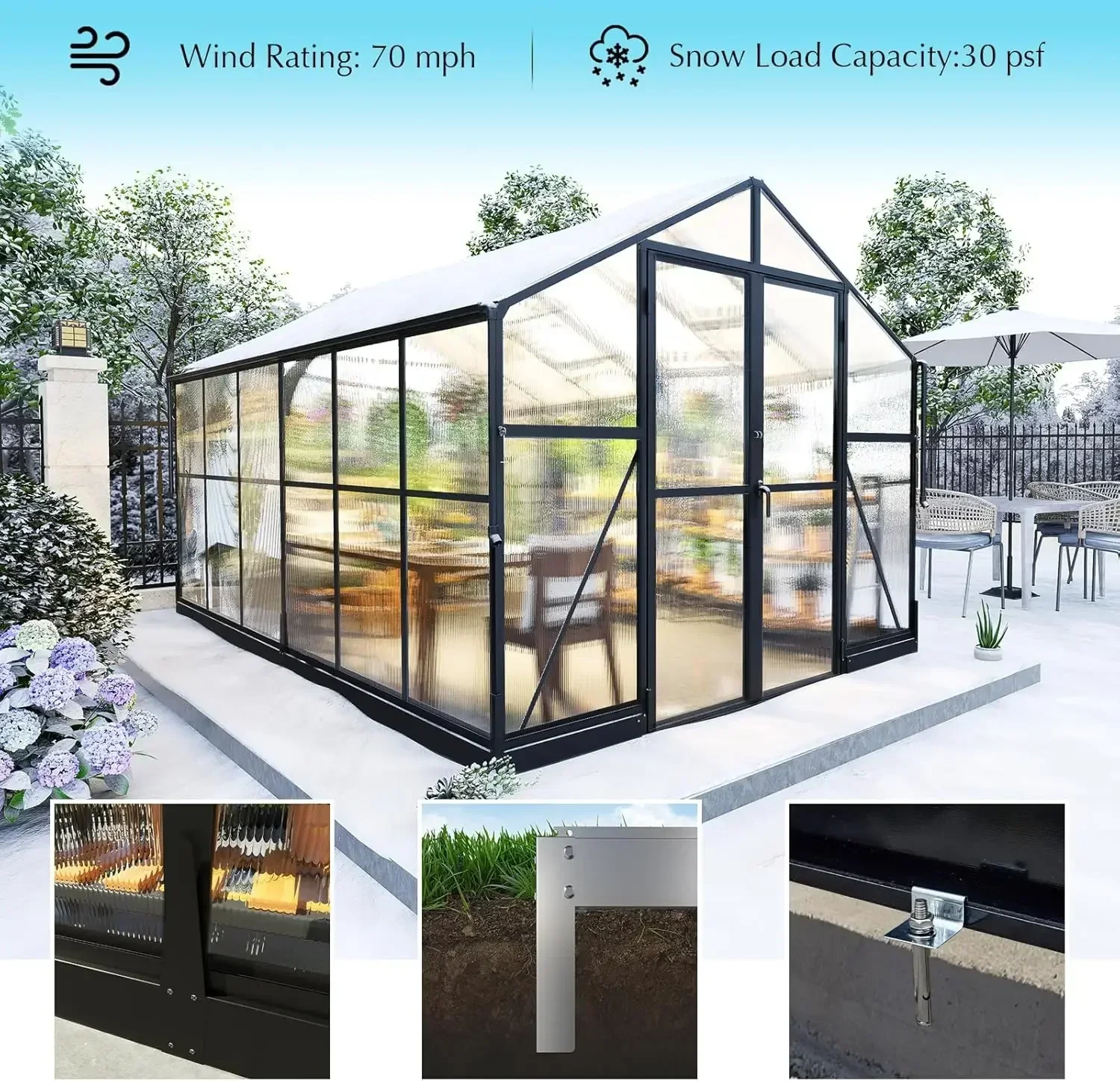 8x12x7 FT Polycarbonate Greenhouse- Walk-in Greenhouse with Quick-Connect System- 4 Vent Windows - Image 6