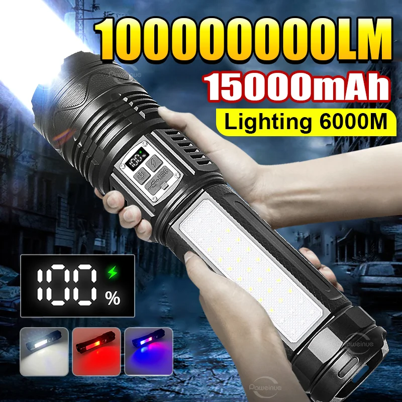 1000000LM Most Powerful LED Flashlight- Rechargeable- Type-C Flashlight- Long Range- Tactical Torch