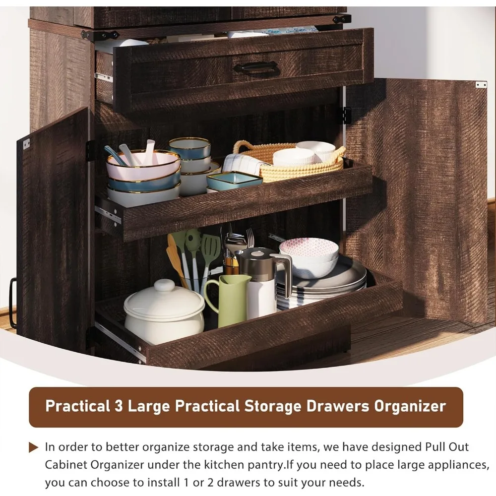 71"- Tall Kitchen Pantry/ Cabinet with 3 Drawers- Farmhouse Style with 6 Barn Door Shelves - Image 5