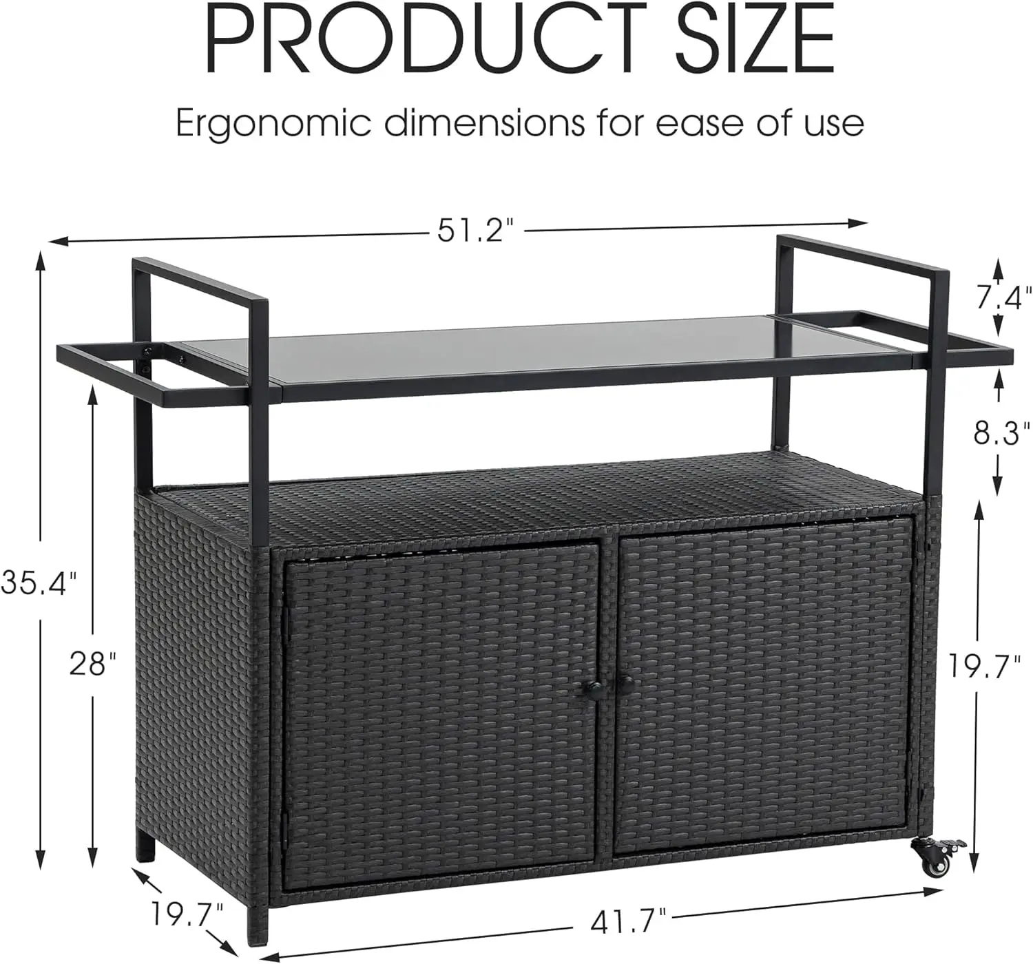 Outdoor Bar Cart Table - Patio Storage Cabinet- BBQ Grill Cart- Buffet with Wheels- Waterproof Wicker Serving Table - Image 6