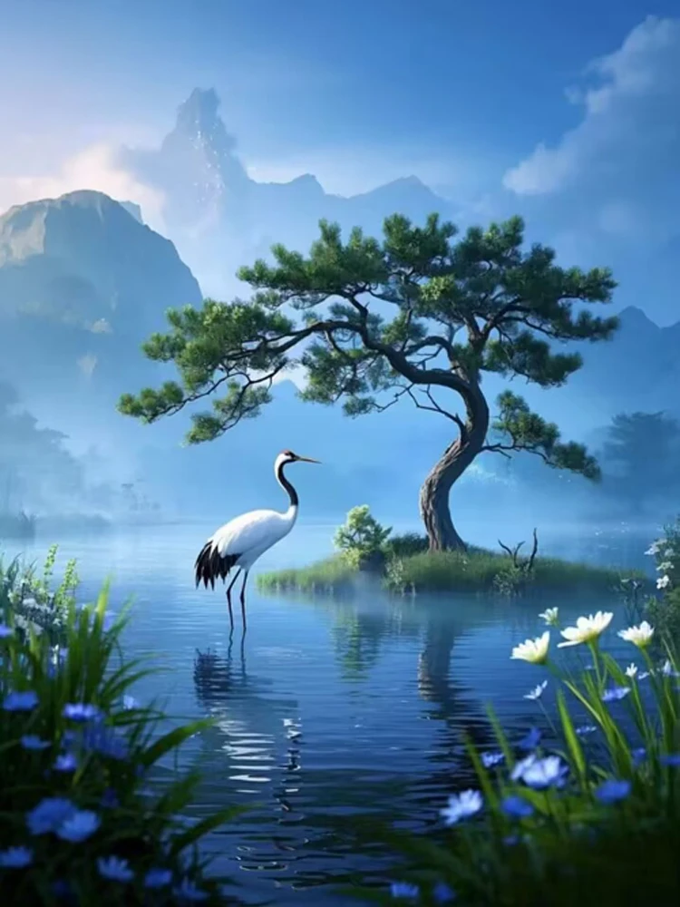 Diamond Painting Kit- Pine Crane Lake Scenery- Full Square/ Round Mosaic Diamond Painting - Image 7