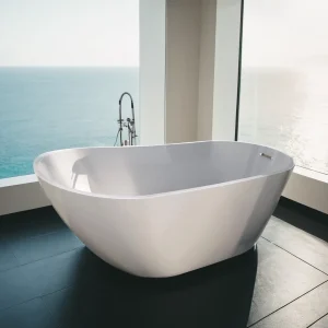 Glossy Acrylic Freestanding Soaking Bathtub- Chrome Overflow and Drain