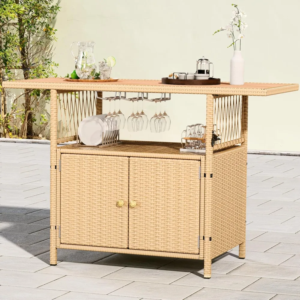 XL Outdoor Storage Cabinet- Patio Wicker Bar Table w/Plastic Wood Tabletop- Wine Glass Holders- Light Brown- High Quality