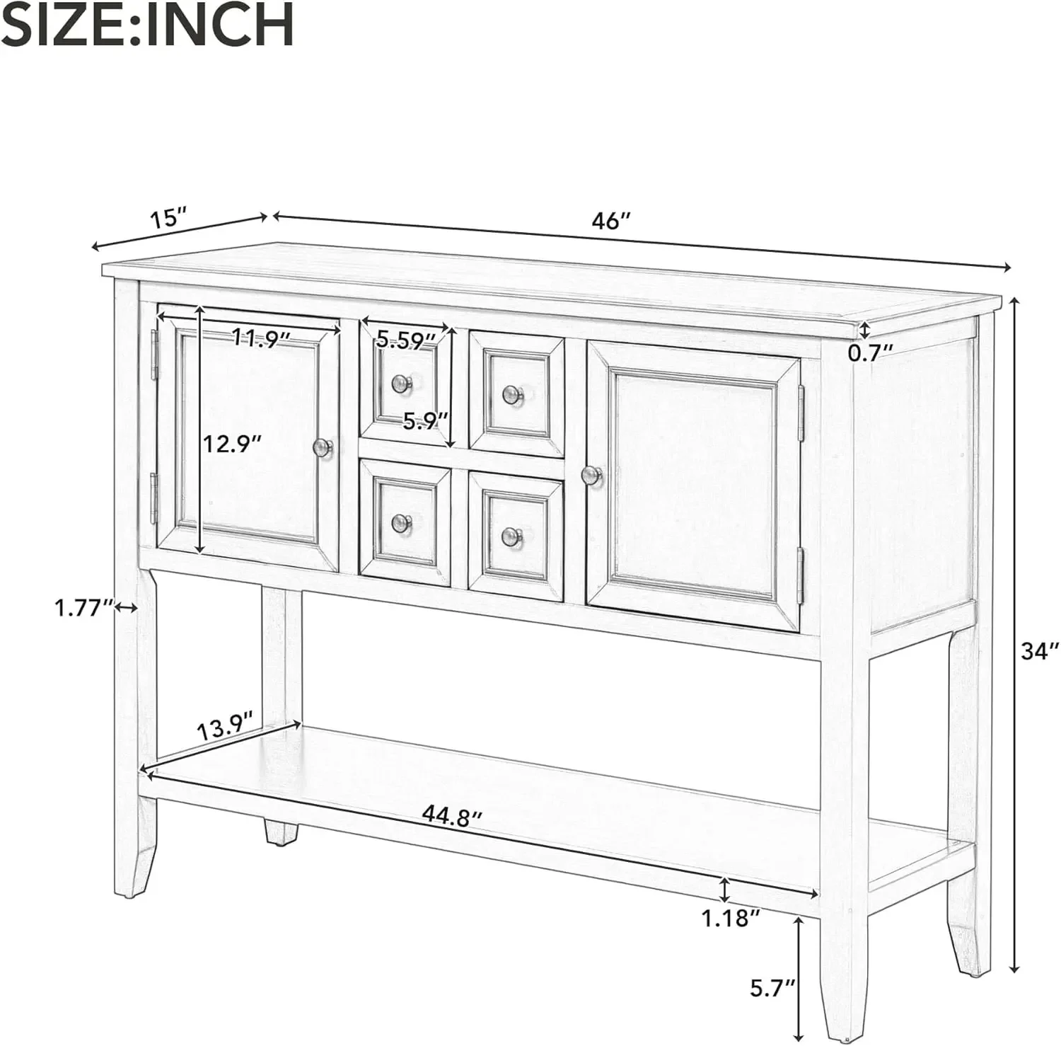 Console/Sofa Table- Buffet Sideboard- 4 Storage Drawers- 2 Cabinets and Bottom Shelf - Image 2