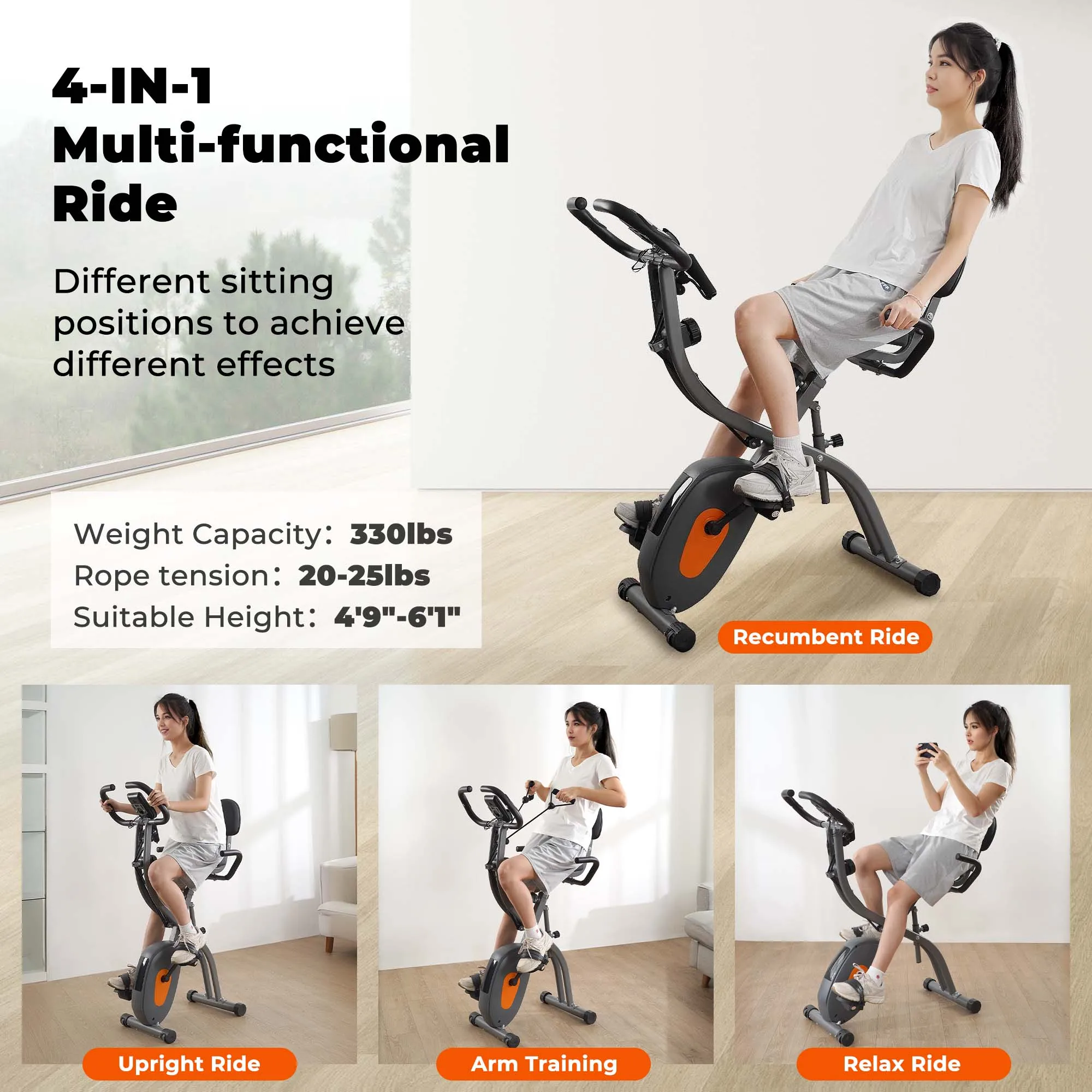 Folding Exercise Bike- Pulse Sensor- LCD Monitor- Recumbent Exercise Bike with Arm Resistance Bands - Image 3