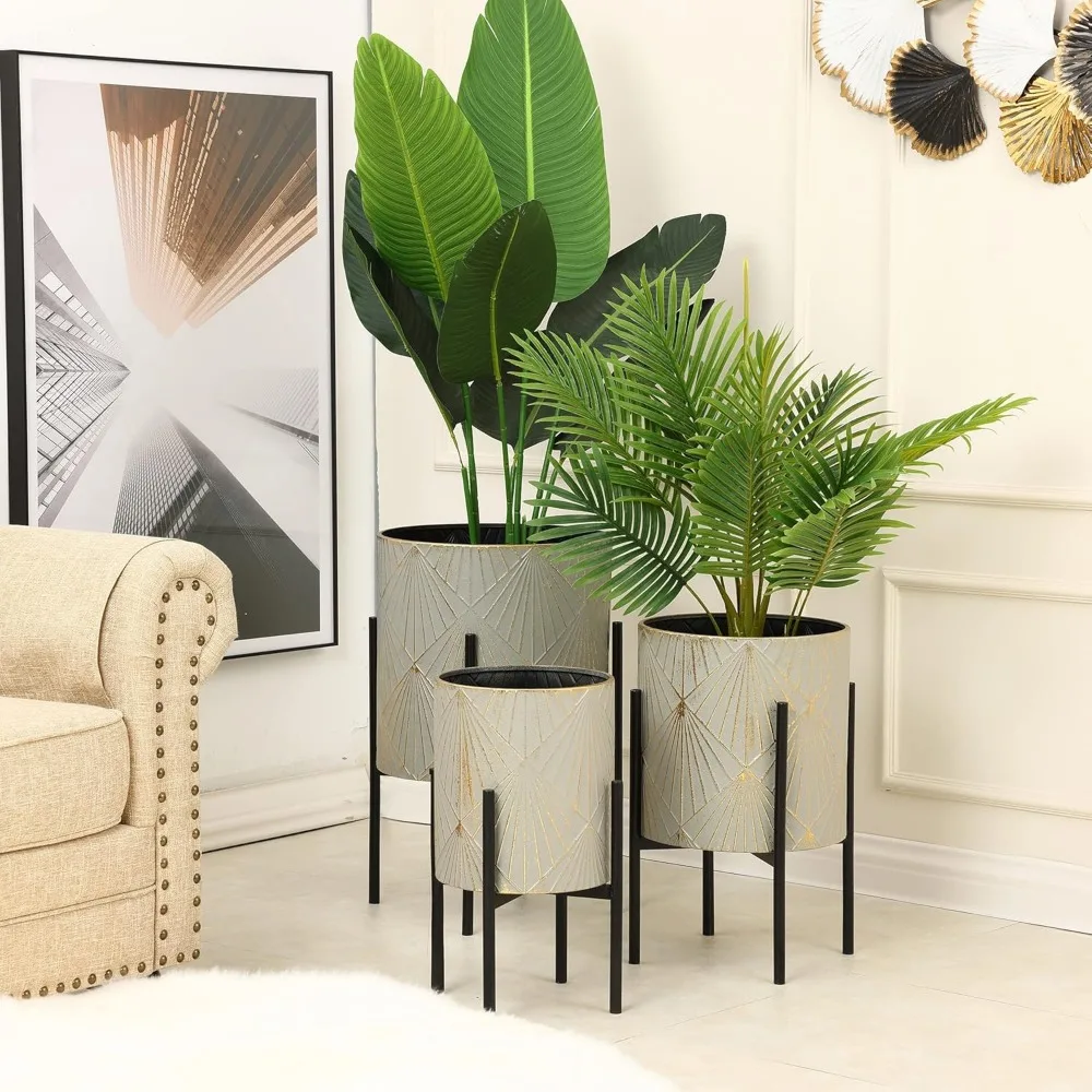 Indoor/Outdoor Planters- Set of 3 Floor Plant Pots with Stands- Decorative Metal Flower Pots - Image 5