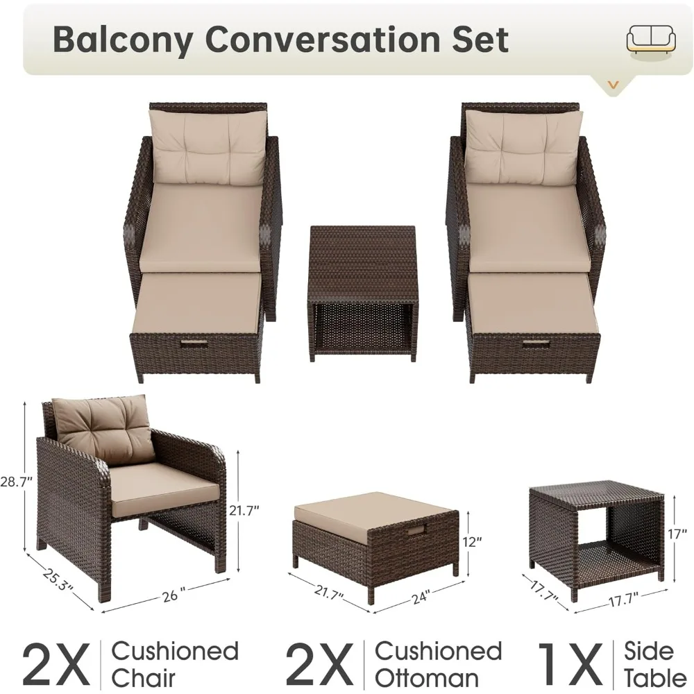 5-Pc Patio Conversation Set- PE Wicker Rattan Outdoor Lounge Chairs with Soft Cushions 2 Ottoman and Glass Table- Multiple styles and Colors - Image 2