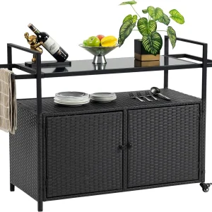 Outdoor Bar Cart Table - Patio Storage Cabinet- BBQ Grill Cart- Buffet with Wheels- Waterproof Wicker Serving Table