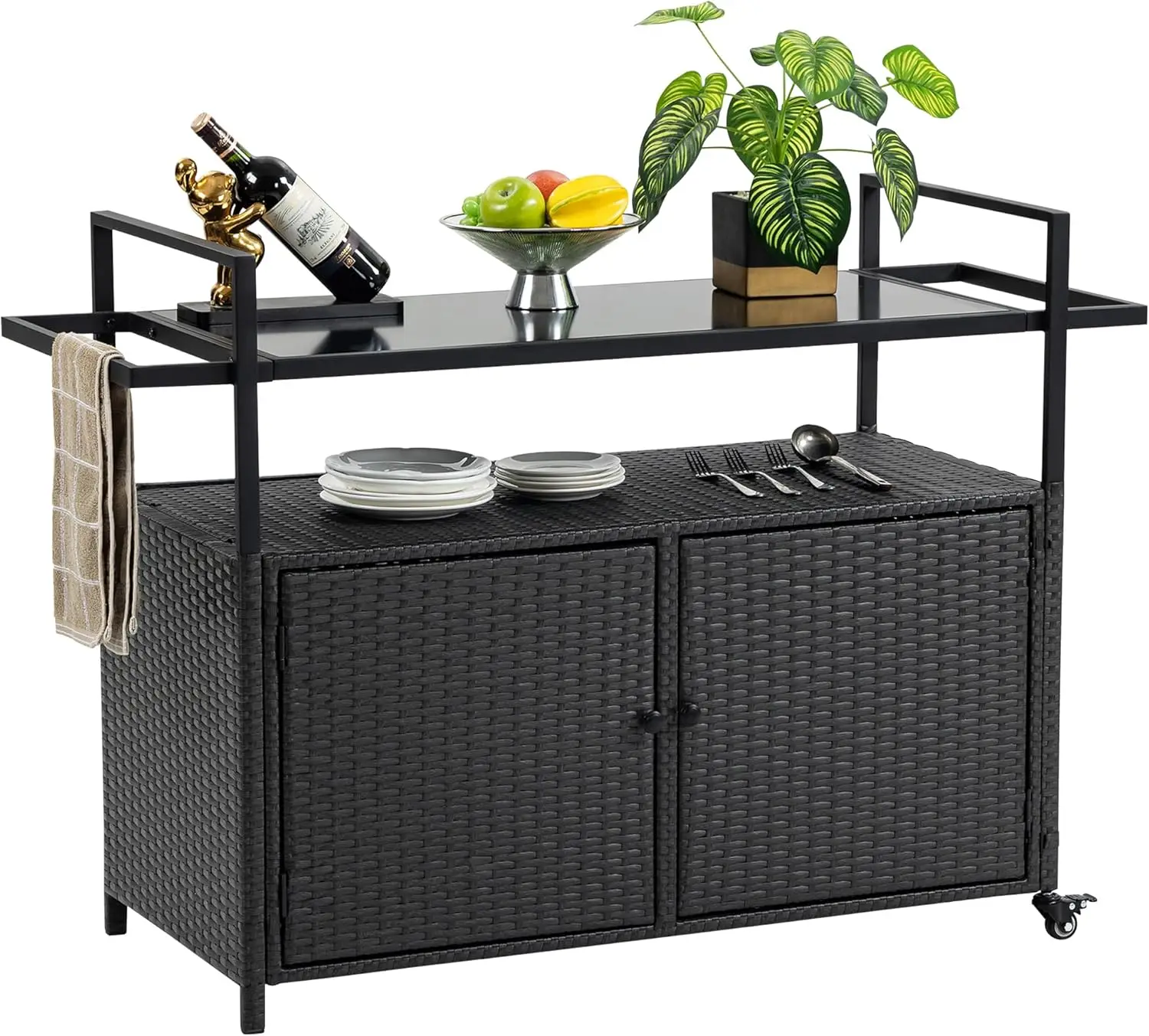 Outdoor Bar Cart Table - Patio Storage Cabinet- BBQ Grill Cart- Buffet with Wheels- Waterproof Wicker Serving Table