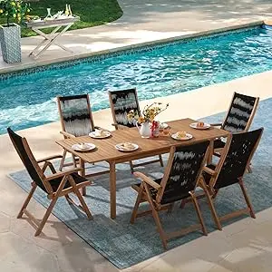 Casual Acacia 7-Piece Patio Dining Set- 6 Foldable Acacia Wooden and Rope Chairs and Large Table - Image 7