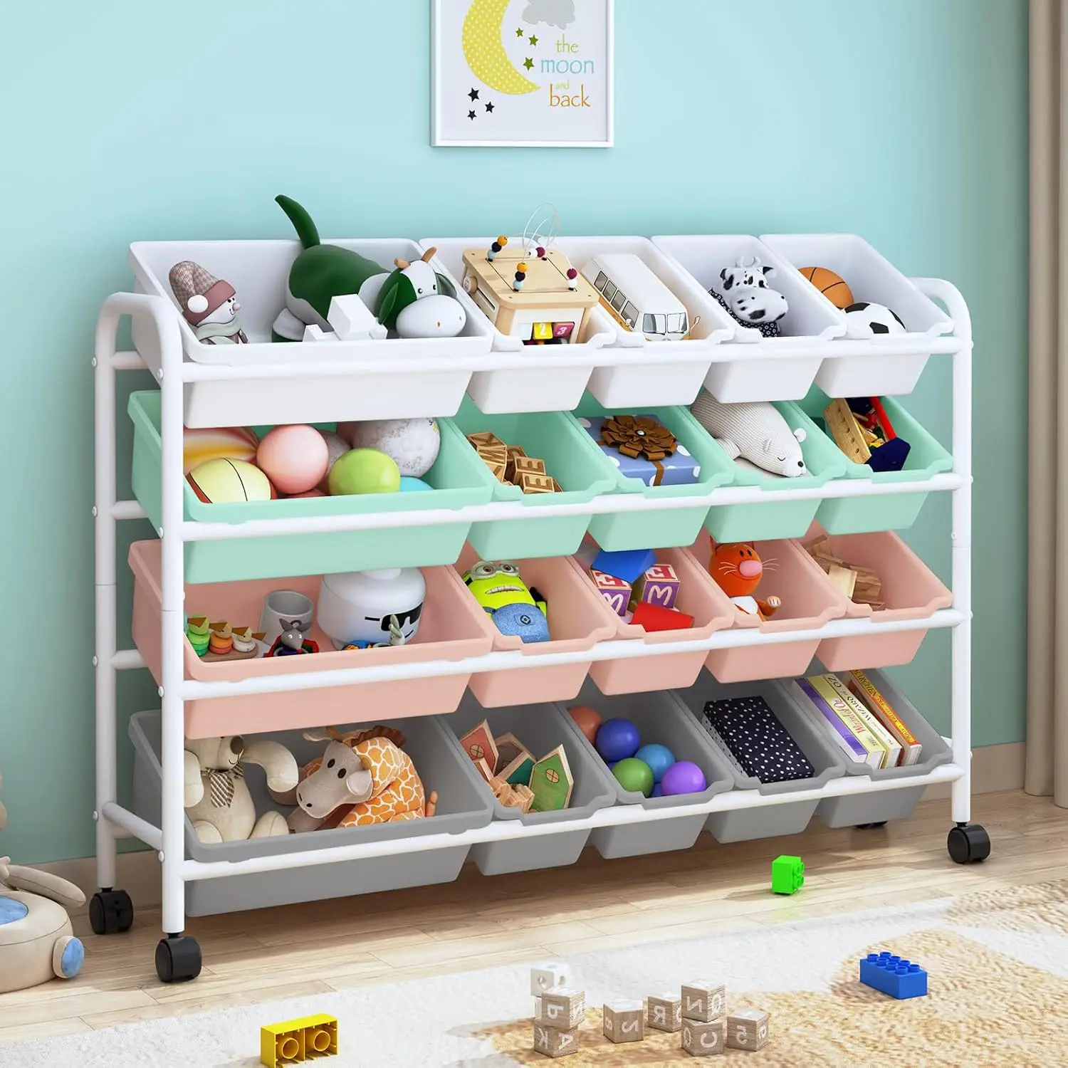Kids' Toy Storage/ Organizer with 20 Plastic Bins- 4-Tier Metal Toy Storage Rack- Extra-Large- Multi-Colored or White - Image 2