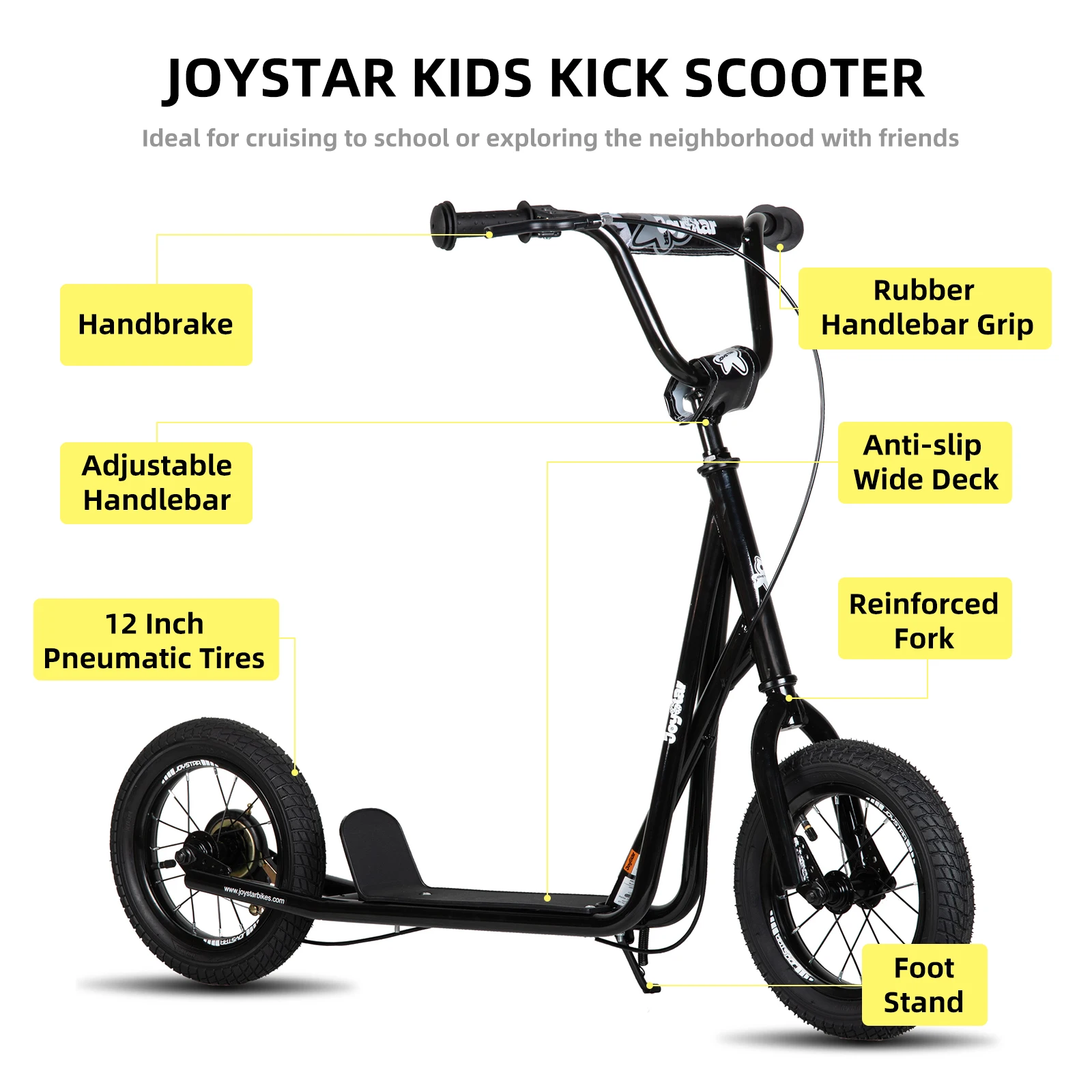 Kick Scooter for Ages 5 Years and Up- 12 Inch Front and Rear Wheel- Rear V-Brake and Adjustable Handlebar- 4 Colors - Image 2