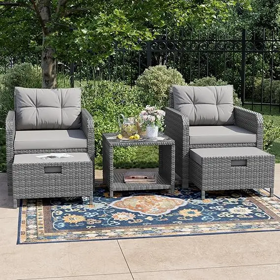 5-Pc Patio Conversation Set- PE Wicker Rattan Outdoor Lounge Chairs with Soft Cushions 2 Ottoman and Glass Table- Multiple styles and Colors - Image 10