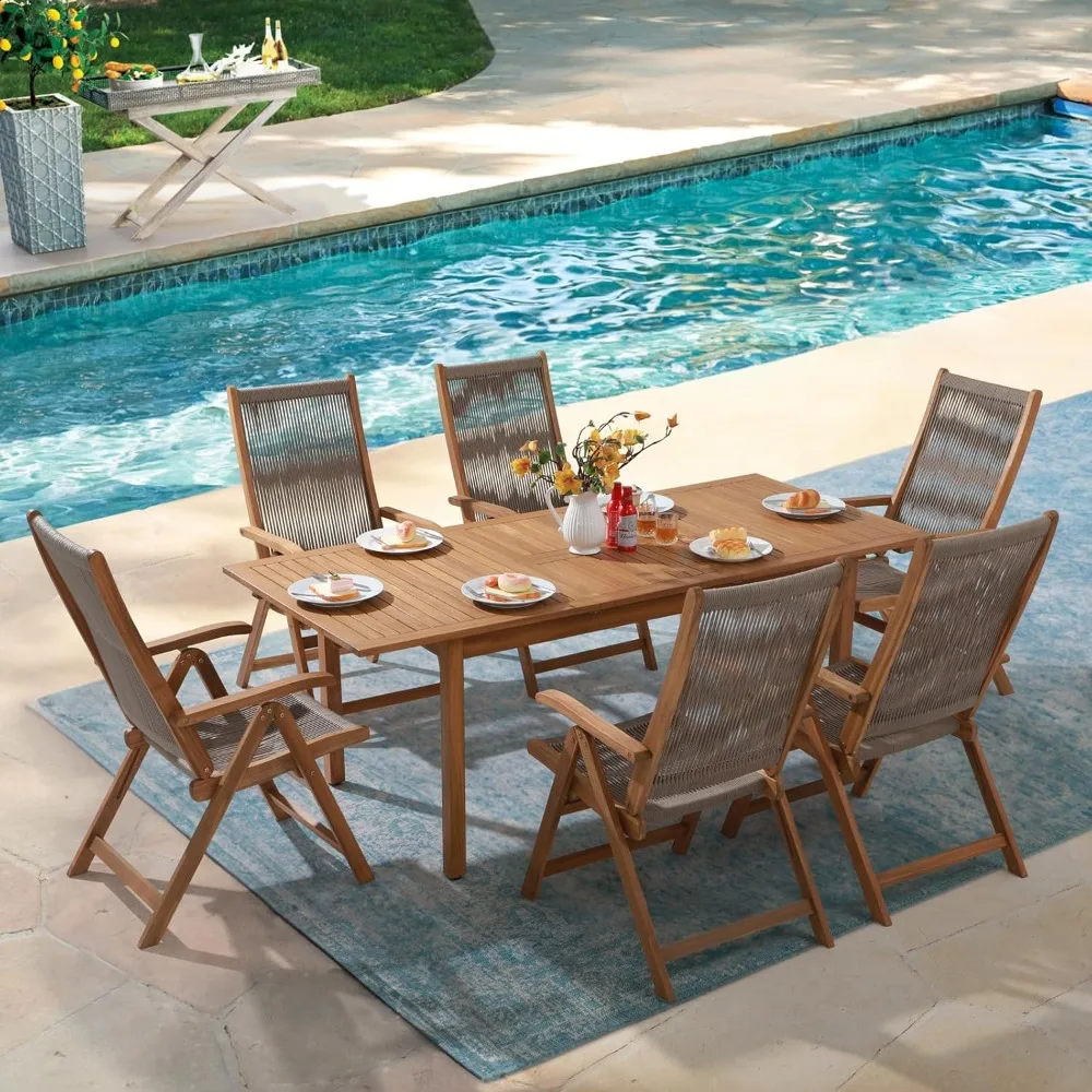 Casual Acacia 7-Piece Patio Dining Set- 6 Foldable Acacia Wooden and Rope Chairs and Large Table