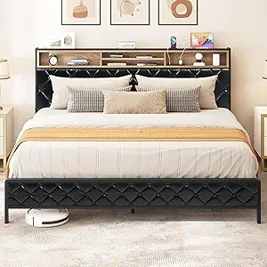 King-Size Bed Frame with Charging Station- Upholstered Platform Bed with Storage Headboard - Image 8