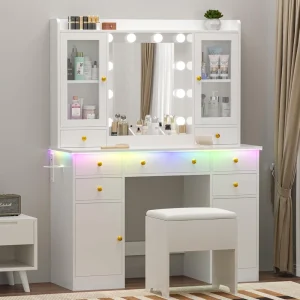 Vanity Desk with Mirror and Lights- 43" White Makeup Vanity Set- 5 Drawers & Glass Cabinets- Storage Stool- Power Outlet