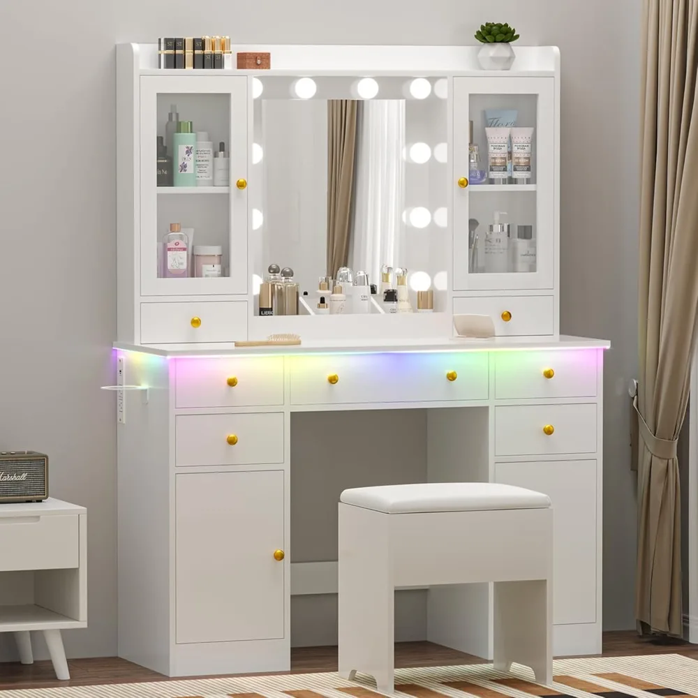 Vanity Desk with Mirror and Lights- 43" White Makeup Vanity Set- 5 Drawers & Glass Cabinets- Storage Stool- Power Outlet