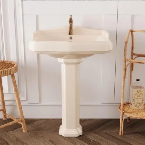 23" x 19" Inch- Bone Color- Ceramic Pedestal Sink for Bathroom- Overflow Hole and 1 Faucet Hole