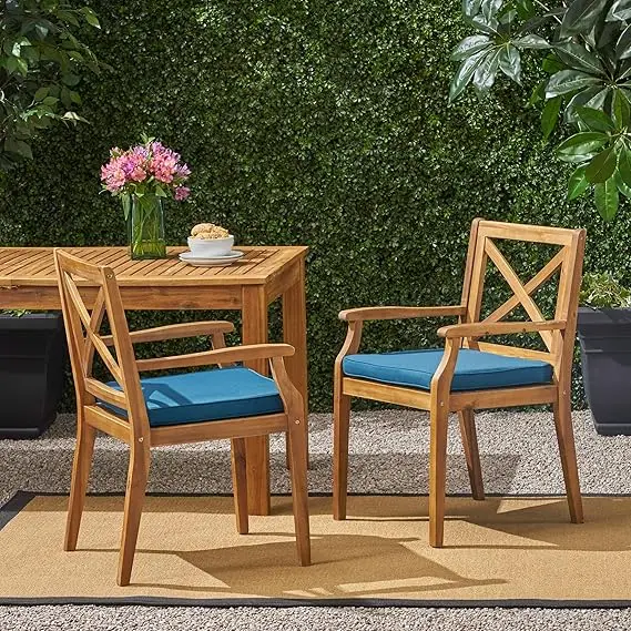 Set of 2- Outdoor Dining Chairs- All-Weather Accent Chairs with Arms and Blue Cushions - Image 7