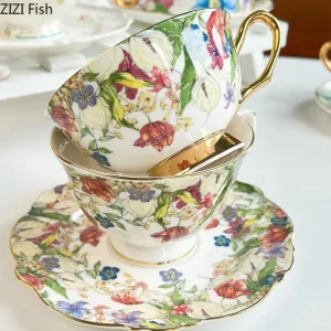 Brilliant Flowers- 7 Gorgeous Bone China Tea Cup and Saucer Sets- Gold Trimmed