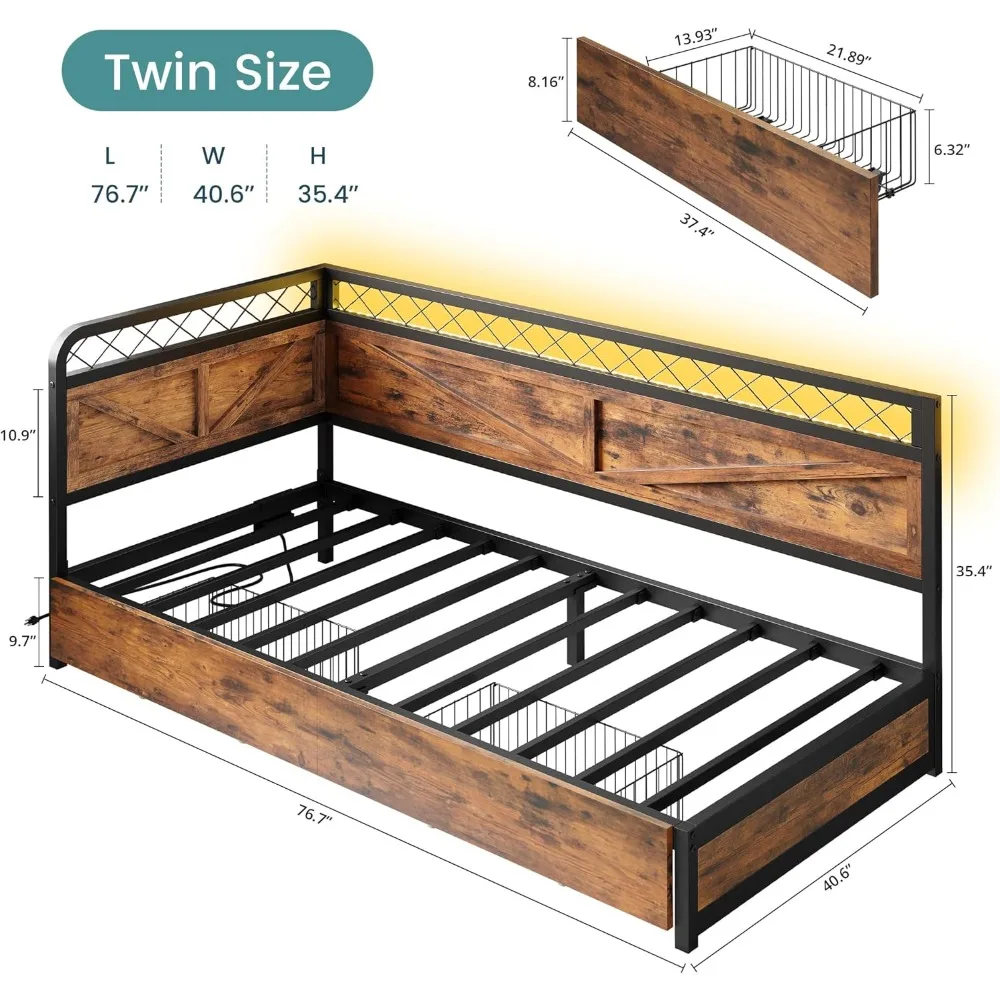 Twin Daybed/Corner Bed Frame- LED lights and charging station- Under-Bed Storage Drawer - Image 2