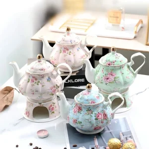 400-ML English Fine China Teapot and Heating Base- High-Grade Porcelain Tea Warmer and Teapot Set
