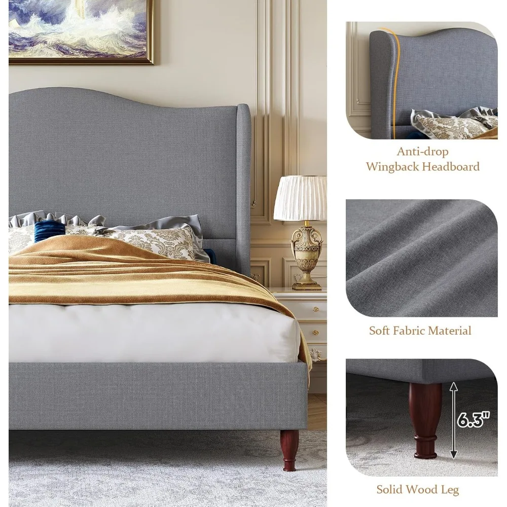 Full-Size Bed Frame- Upholstered Platform Bed- 51" Tall Wingback Headboard- Soft Fabric- 3 Colors - Image 6