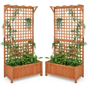 Set of 2- Raised Garden Bed with Trellis- 72.5" Planter with Drainage Holes- Freestanding Garden Box for Vine Climbing Plants