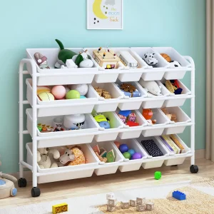 Kids' Toy Storage/ Organizer with 20 Plastic Bins- 4-Tier Metal Toy Storage Rack- Extra-Large- Multi-Colored or White