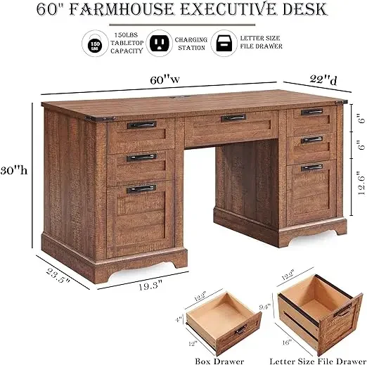 60" Executive Desk- Drawers- Wood Home Office Desk w/Charging Station (Reclaimed Barnwood, and Antique White) - Image 2