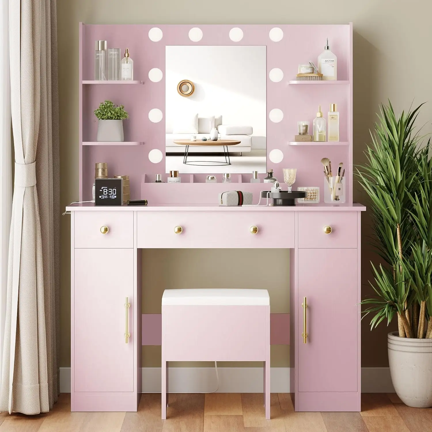 Vanity Desk with Mirror and Lights- 43" White Makeup Vanity Set- 5 Drawers & Glass Cabinets- Storage Stool- Power Outlet - Image 9