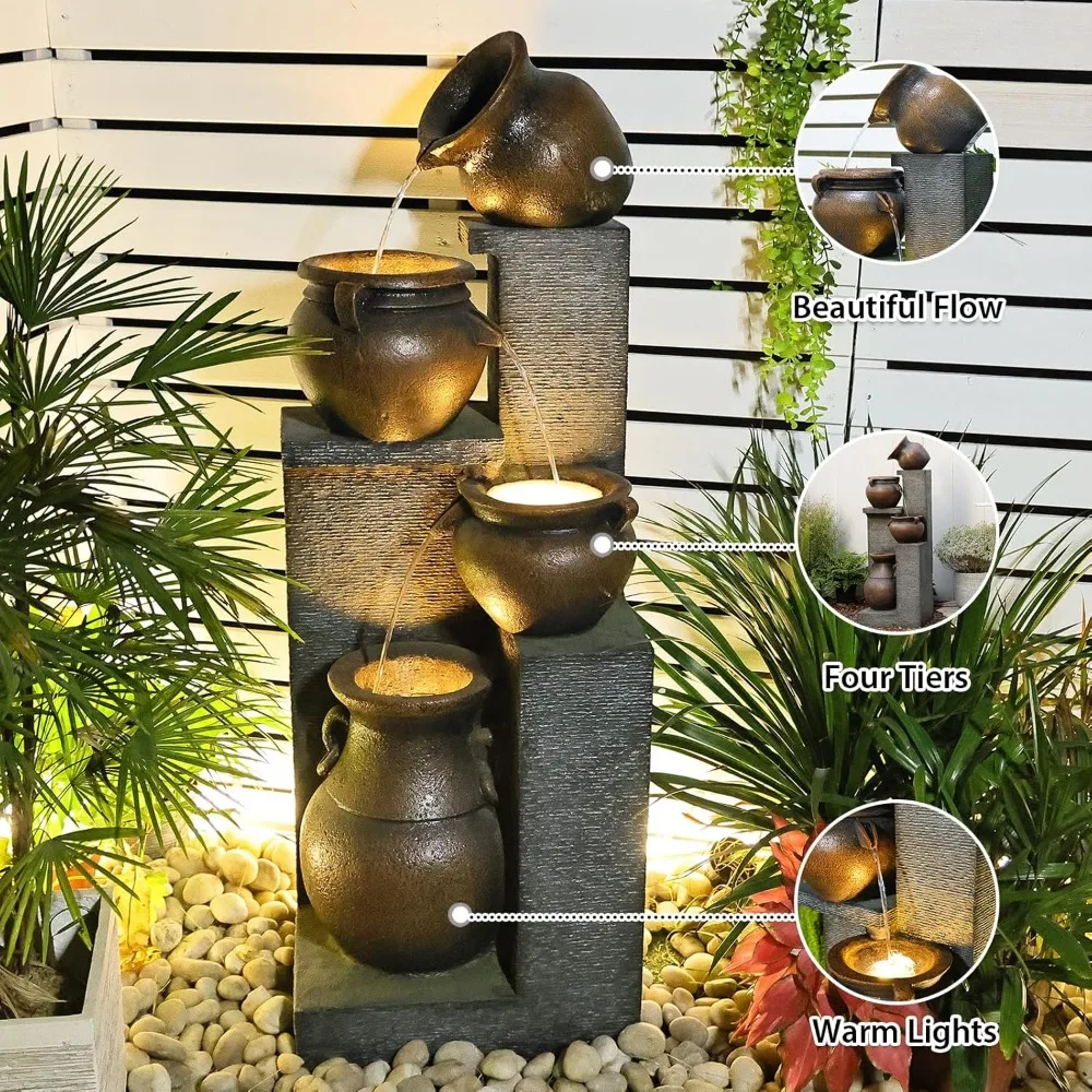53" H Large Outdoor Water Fountain- 4 Cascading Waterfalls with Warm Lights - Image 3