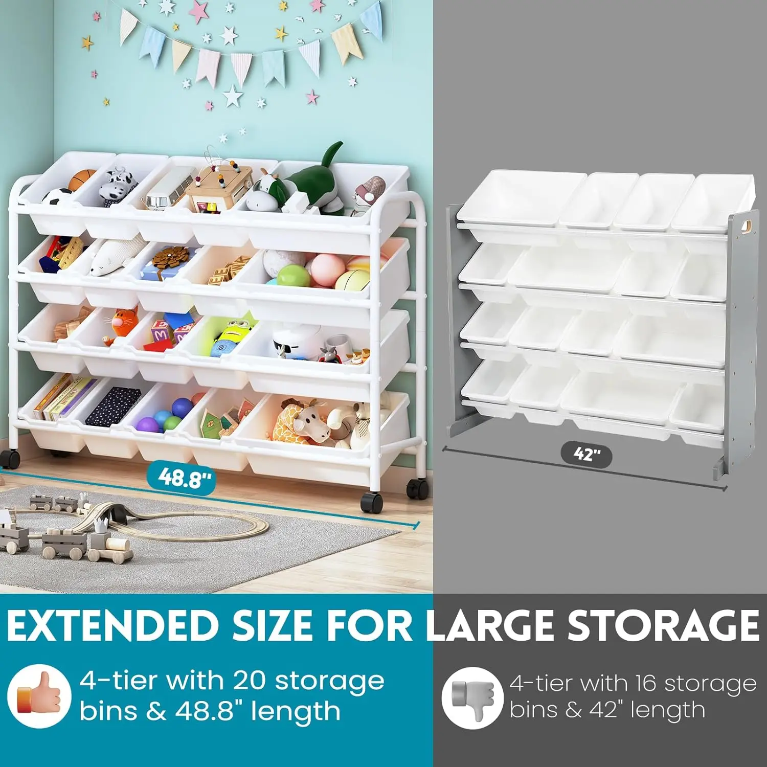 Kids' Toy Storage/ Organizer with 20 Plastic Bins- 4-Tier Metal Toy Storage Rack- Extra-Large- Multi-Colored or White - Image 3