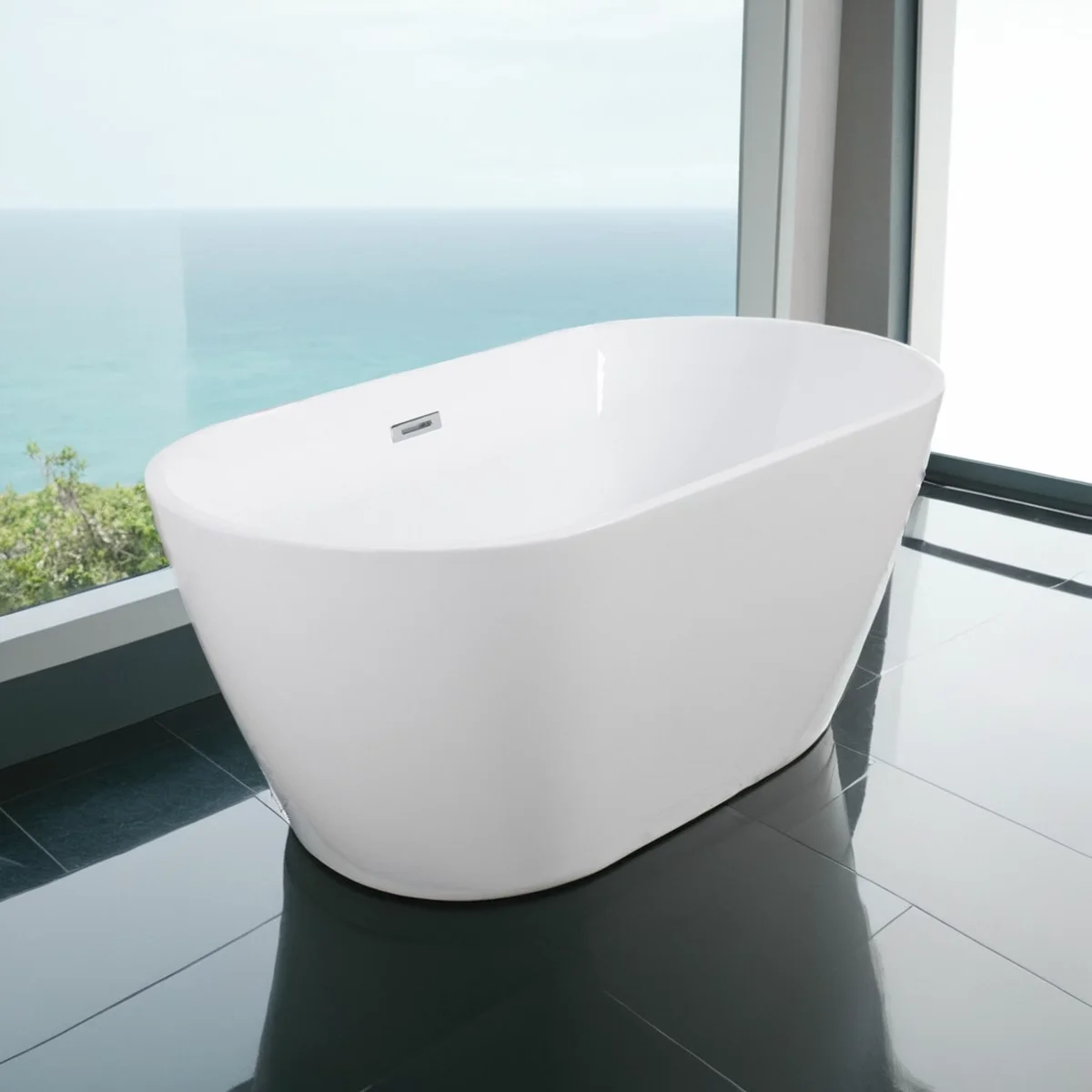 Sleek White Acrylic Freestanding Soaking Bathtub- Chrome Overflow and Drain - Image 5