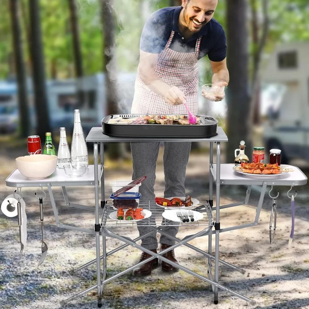 Folding Grill Table- Aluminum Camping/BBQ Table- Hooks- Great for Camping or as a BBQ work table in your backyard - Image 4