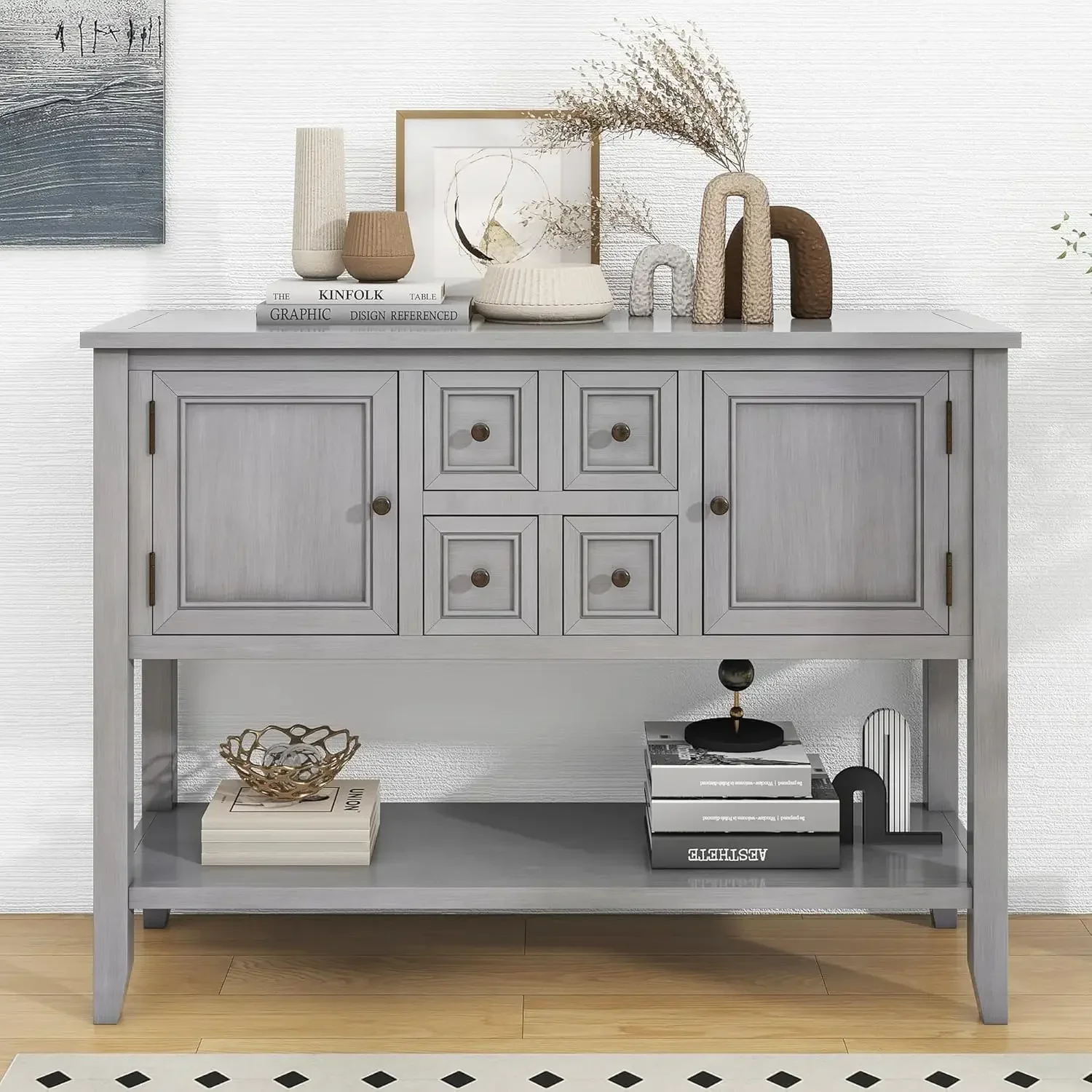 Console/Sofa Table- Buffet Sideboard- 4 Storage Drawers- 2 Cabinets and Bottom Shelf - Image 3