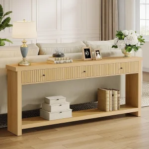 Wood Console Table with Drawers- 70.9 inch Sofa Table with Open Storage Shelves