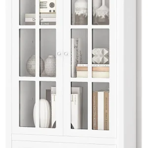 55" White Bookcase with Doors and Drawer- Adjustable Shelves- Glass Front