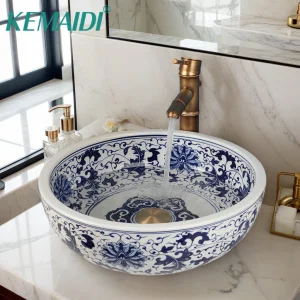 Bathroom Basin- Above Counter Sink- 18 Inch Round Basin- White Ceramic Sink with Single Handle Faucet (3 Variations)