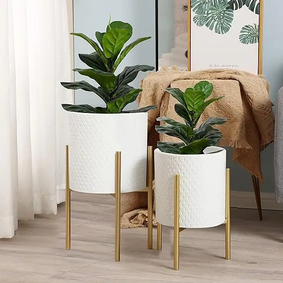 Indoor/Outdoor Planters- Set of 3 Floor Plant Pots with Stands- Decorative Metal Flower Pots - Image 7