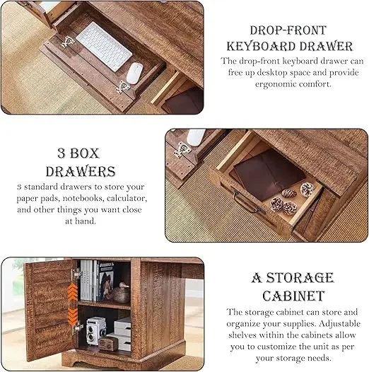 60" Executive Desk- Drawers- Wood Home Office Desk w/Charging Station (Reclaimed Barnwood, and Antique White) - Image 5